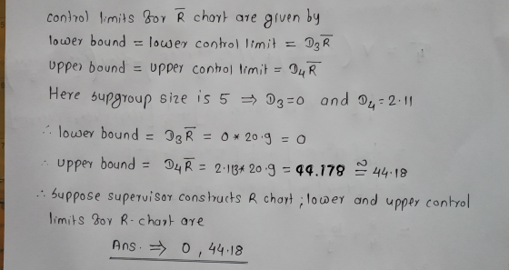 5 D4 R = 2:113* 20.9 = 44.199 = 44.18 control limits for Ř chart are given by lower bound = lower controllimit = D3 R upper b