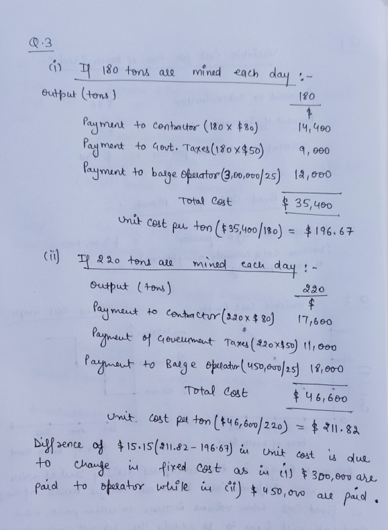 Q.3 (i) Il 180 tons all mined each day :- output (tons) 180 Payment to contractor (180 x $80) 14,400 Payment to Govt. Taxes (