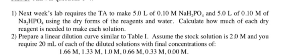 1) Next weeks lab requires the TA to make 5.0 L of 0.10 M NaH PO, and 5.0 L of 0.10 M of Na HPO, using the dry forms of the