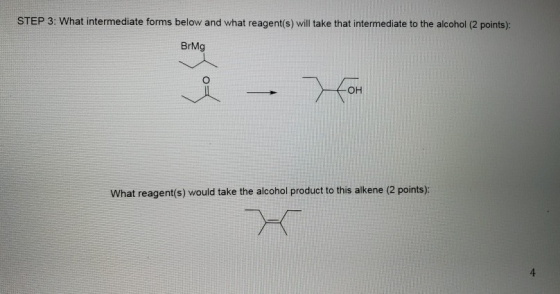 STEP 3: What intermediate forms below and what reagent(s) will take that intermediate to the alcohol (2 points): BrMg What re