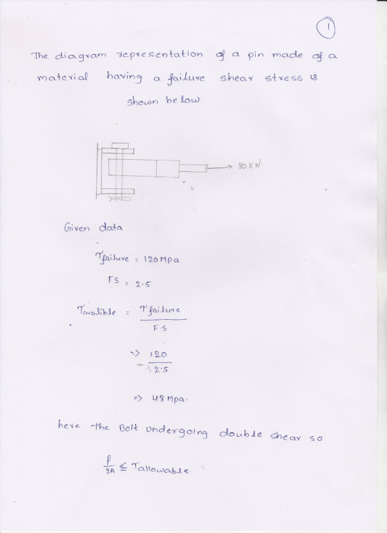 The diagram pse sentation a pin made a matesial having a failure sheatss s shoon be low Given data F.S ATallowable