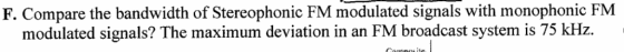 F. Compare the bandwidth of Stereophonic FM modulated signals with monophonic FM modulated signals? The maximum deviation in