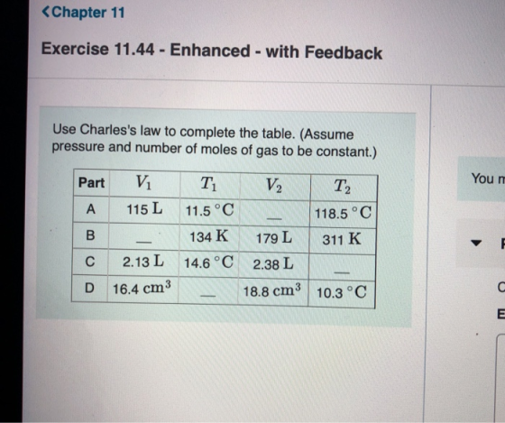 <Chapter 11 Exercise 11.44 - Enhanced - with Feedback Use Charless law to complete the table. (Assume pressure and number of