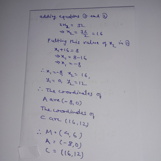 adding equations and B. 22 = 32 ₂ = 32 = 16 Putting this value of n x+16=8 => = 8-16 >x, =-8 in B 2,228, ņ= 16, Y = 0, 2212 i