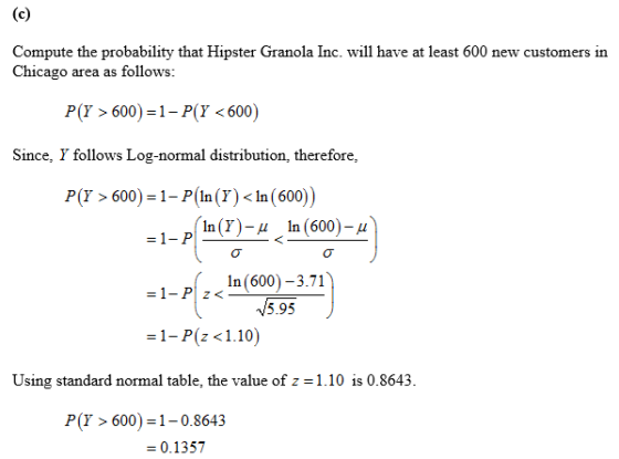 Compute the probability that Hipster Granola Inc. will have at least 600 new customers in Chicago area as follows: P(Y>600) 1