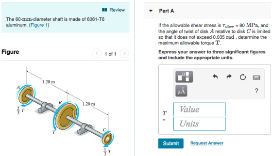 Review Part A The 60-mm-diameter shaft is made of 6061-T6 aluminum. (Figure 1) If the allowable shear stress is Tallow = 80 M