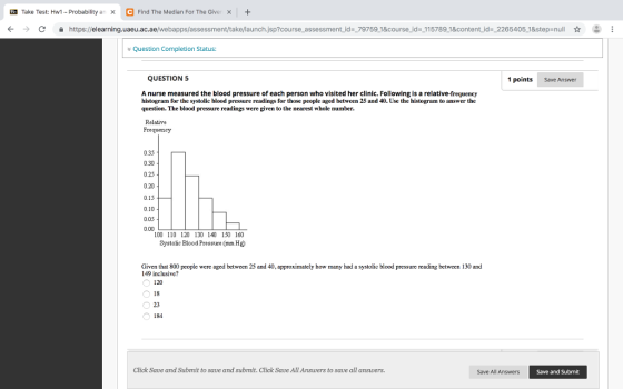 R Take Test: Hw1 Probability an x Find The Median For The Giver x+ ← → С 을 https://elearning.uaeu.ac.ae/webapps/assessment/takelaunch.jsp?course assessment id--79759 1&courseid- 115789 18content id_-2265405_1&step-null ☆ y Question Completion Status: QUESTION 5 1 points Save Answer A nurse measured the blood pressure of each person who visited her clinic. Following is a relative-frequency histogram for the systolic blood pressure readings for those people aged between 25 and 40. Use the histogram to answer the question. The blood pressure readings were given to the nearest whole number Relative Frequency 0.35 0.30 0.25 0.20 0.15 0.10 0.05 0.00 100 110 120 130 140 150 160 Systolic Blood Prssure (mHg Given that 800 people were aged between 25 and 40, approximately how many had a systolic blood pressure reading between 130 and 149 inclusive? 120 18 23 184 Click Save and Submit to save and submit. Click Save All Answers to save all answers Save All Answers Save and Submit