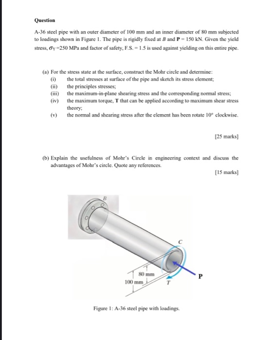Question A-36 steel pipe with an outer diameter of 100 mm and an inner diameter of 80 mm subjected to loadings shown in Figur