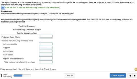 The Kyler Company is in the process of preparing its manufacturing overhead budget for the upcoming year. Sales are projected