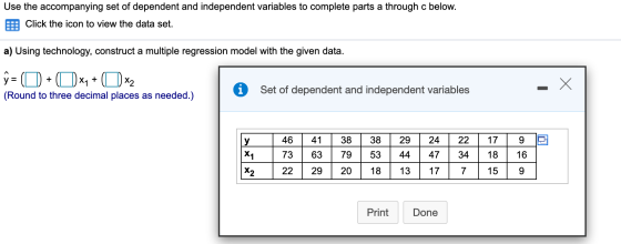Use the accompanying set of dependent and independent variables to complete parts a through c below. Click the icon to view t