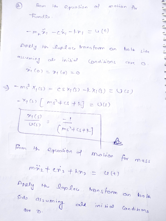 D equation of from the handle. motion for - ms - că,- kry = e(t) side Apply the laplac bansform on assuming all initial condi
