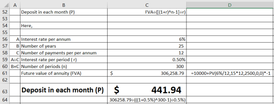 A B Deposit in each month (P) FVA:([(1+r)^n-1]=r) 53 54 Here, 55 6% 56 A Interest rate per annum 57 B Number of years 58 C Nu