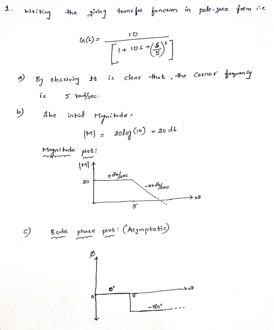 Writing the giving trans for function in pole-zero form ine GC6)= Tit105(3) ] frequency a) b) int By observing at is clear th