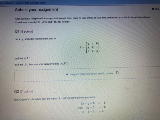 ts/midterm-2-math-1210- summer-2020 Submit your assignment Help After you have completed the assignment, please save, scan, o