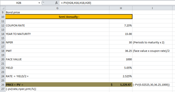 H26 fax --PV(H24, H16, H18, H20) 9 Bond price 10 Semi Annually: 11 7.25% 15.00 12 COUPON RATE 13 14 YEAR TO MATURITY 15 16 NP