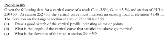 Problem #5 Given the following data for a vertical curve of a road: G1 = -2.5%, G2 = +5.5% and station of PVI = 250+50. At st
