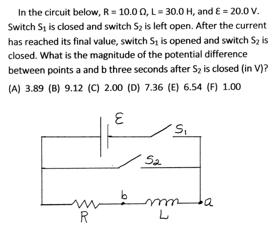 = In the circuit below, R 10.0 12, L = 30.0 H, and Ɛ = 20.0 V. Switch S1 is closed and switch S2 is left open. After the curr
