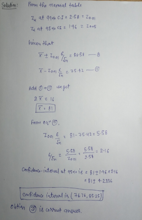 Solution! From the normal table Zx at 996] C.I z 2.58 2 20.01 at 95% CI 2 1.96 2 20.05 biven that x + 2ool in z 86.58 X - 200
