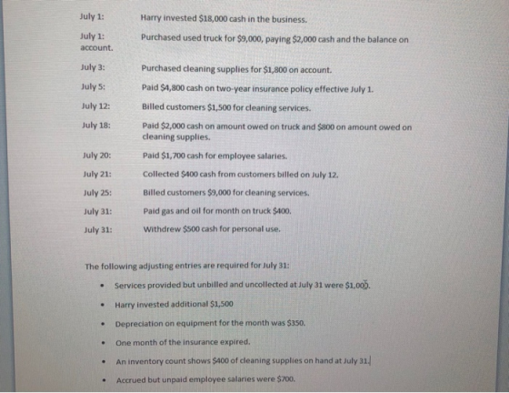 July 1: Harry invested $18,000 cash in the business. July 1: account. Purchased used truck for $9,000, paying $2,000 cash and