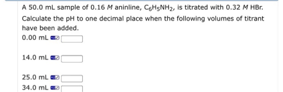 A 50.0 mL sample of 0.16 M aninline, C6H5NH2, is titrated with 0.32 M HBr. Calculate the pH to one decimal place when the fol