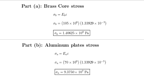 Part (a): Brass Core stress o, = (105 × 10°) (1.33929 × 10-3) Ơb 1.40625 x 108 Pa Part (b): Aluminum plates stress σ,-(70 x 1