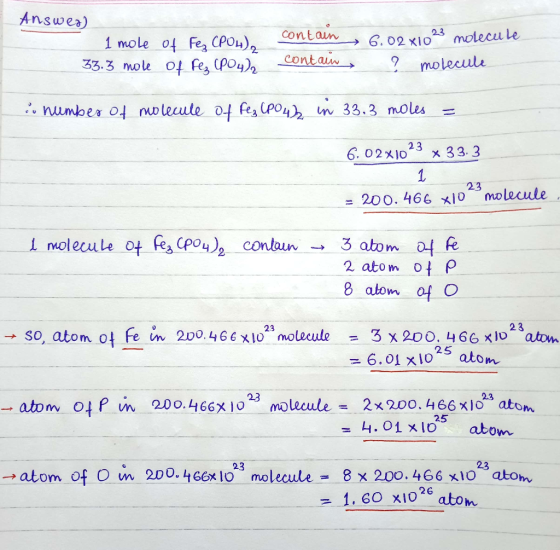 Answer) 23 6. 02 x1O Contaun molecu le 1 mole 04 Feg CPOL) 33.3 mole of fes POy)2 contain molecule number 04 molecule of fes