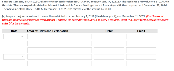 Sarasota Company issues 10,800 shares of restricted stock to its CFO, Mary Tokar, on January 1, 2020. The stock has a fair va