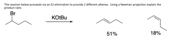 The reaction below proceeds via an E2 elimination to provide 2 different alkenes. Using a Newman projection explain the produ