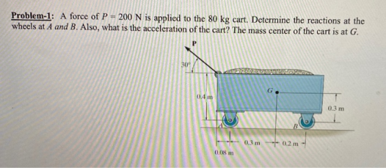 Problem-1: A force of P = 200 N is applied to the 80 kg cart. Determine the reactions at the wheels at A and B. Also, what is