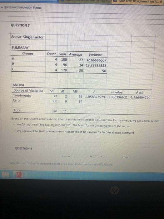Take Test ASSignment on A.. X Question Completion Status: QUESTION 7 Anova: Single Factor SUMMARY Groups Count Sum Average Va