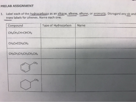 PRELAB ASSIGNMENT 1. Label each of the hydrocarbons as an alkane, alkene, alkyne, or aromatic. Disregard any cis and trons la