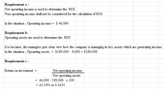 Requirement a: Net opearting income is used to determine the ROI Non opearting income shall not be considered for the calculation of ROI In the situation, Opearting income- S 46,000 Requirement b: Operating assets are used to determine the ROI It is because, the managers gets clear view how the company is managing its key assets which are generating income. In the situation, Opearting assets- S198,000 - 9,000 S189,000 Requirement c: Return on investment Net operating income Net operating assets 46,000 / 189,000 x 100 24.34% or 0.2434