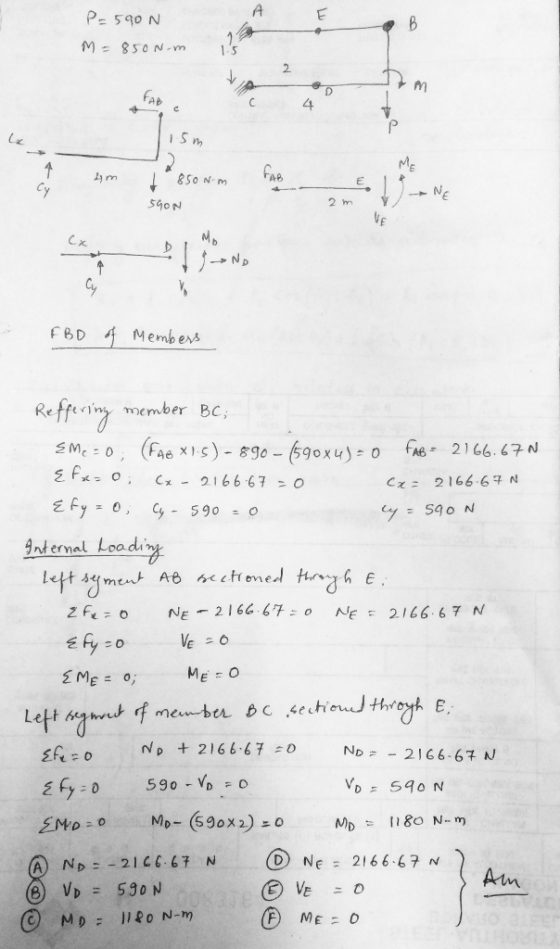 P- 540N 2 AB 4 FBD Members Retferns .7 member BC ndemal Loodiy rt me sech + 2166-67 :0 ND= -2166.67 N D Ne 2166 67 N