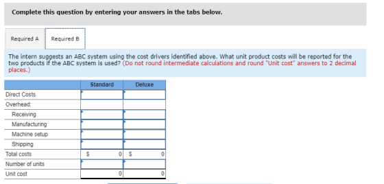 Complete this question by entering your answers in the tabs below. Required A Required B The intern suggests an ABC system us