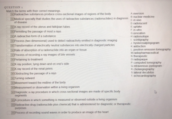 QUESTION 1 Match the terms with their correct meanings -Radioactive substances produce cross-sectional images of regions of t