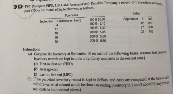 lu Tepl D U 36 .P8-7 (Compute FIFO, LIFO, and Average-Cost) Ronaldo Companys record of transactions part VF5 for the month o