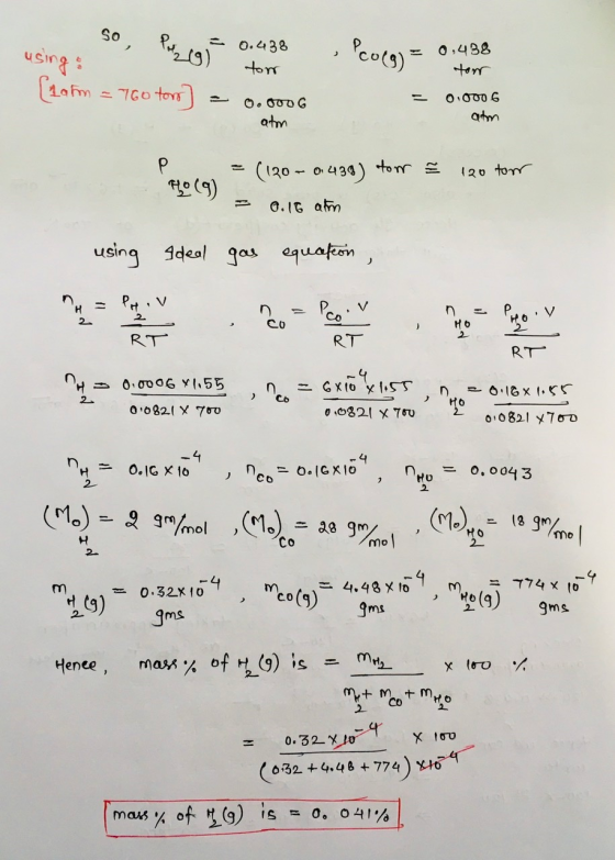 so, Pozog otor CO(g) = 0,438 0.438 using : tor Lamm = 760 ton] = 0.0006 atm ter 0.000 6 atm Paco HO () 120 tour = (120 - 0143