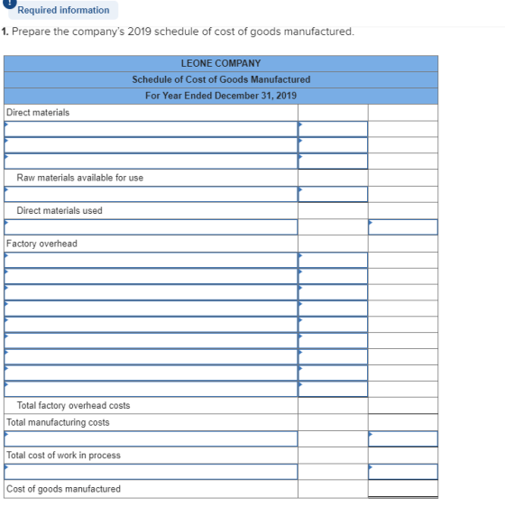 Required information 1. Prepare the companys 2019 schedule of cost of goods manufactured. LEONE COMPANY Schedule of Cost of
