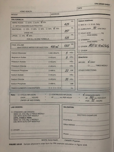 DATE HOME HEALTH TPN FORMULA: Patient Additives: mL D 8.5% 10% ロ55% WITH STANDARD ELECTROLYTES DEXTROSE: O 10% □20% 40% AMINO