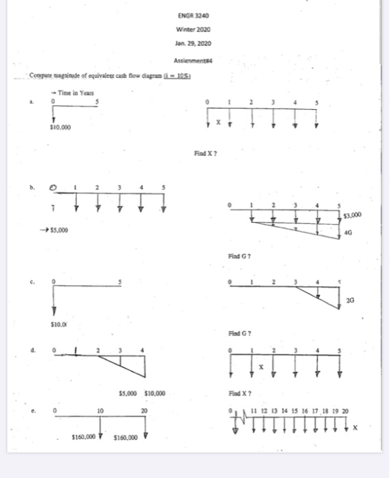 ENGR 3240 Winter 2020 Jan. 29, 2020 Assienments4 Compure magninude of equivalens cash flow diagram (i = 10%) - Time in Years