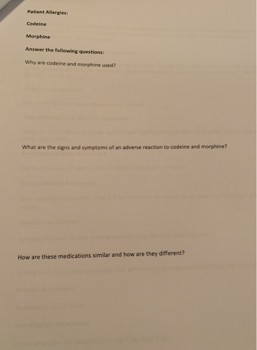 Patient Allergies: Codeine Morphine Answer the following questions: Why are codeine and morphine used? What are the signs and