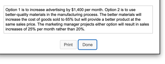 Option 1 is to increase advertising by $1,400 per month. Option 2 is to use better-quality materials in the manufacturing pro