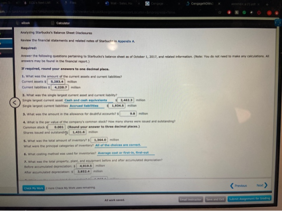 COL ECUENOMX Fot o MOS, EXCengige CengageNow appendera 11.patx eBook Calculator Analyzing Starbuckss Balance Sheet Disclosur
