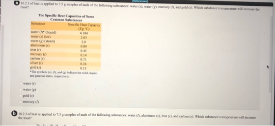 a Helorences 16.2 J of heat is applied to 75 g samples of each of the following substances: water (). water (g), mercury (1),