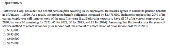 QUESTION 5 Bathworks Corp. has a defined benefit pension plan covering its 75 employees. Bathworks agrees to amend its pensio