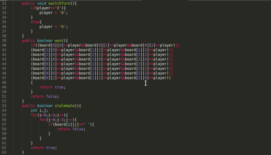public void switchTurn ( ) { if (player=X){ player = 0; } elsel player = X; } } public boolean won(){ if ( ( boa rd [0]