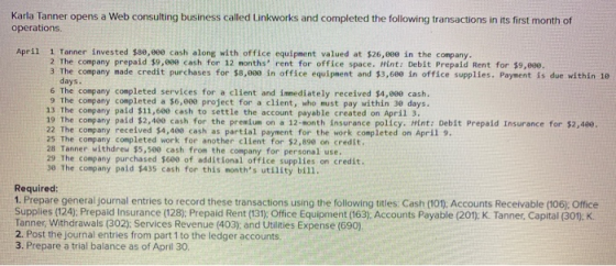 Karla Tanner opens a Web consulting business called Linkworks and completed the following transactions in its first month of