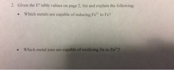 Given the E° table values on page 2, list and explain the following: 2. Which metals are capable of reducing Fe2 to Fe? Which