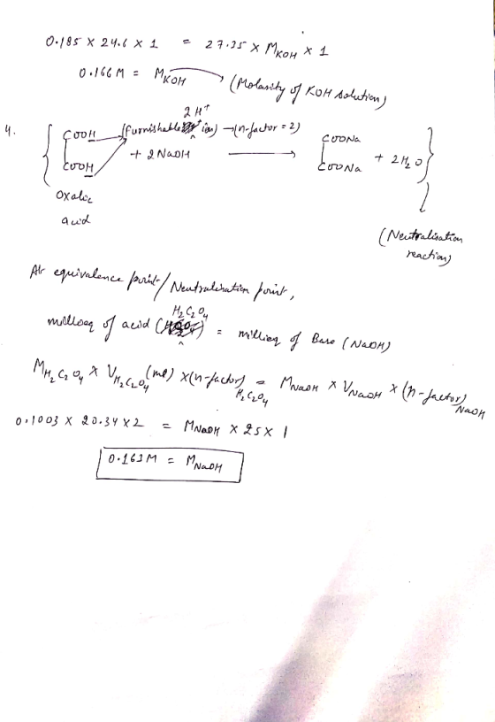 0.185 X 24.6 XL - 27.359 x Mrow x1 0.166M = Mkoh (Molasity of Kot solutions 2 HT - furnishable by an in-factor = 2 - Coona 1