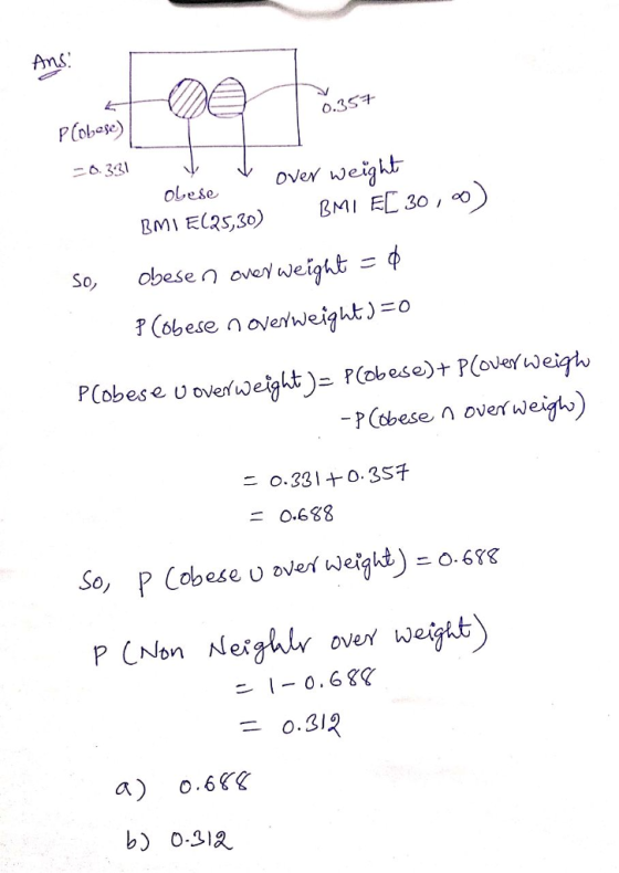 Ams 0.3Sㅋ PCobese) 6.33 oVer weight ese So, obese n ovonl weight p FCobese n overweight)-o PCobese n over weigh) 二 0.688 So, P Cobese uover Well )-o. 688 P CNon Neighl ove wei o.312 a o.6 b) 0-3